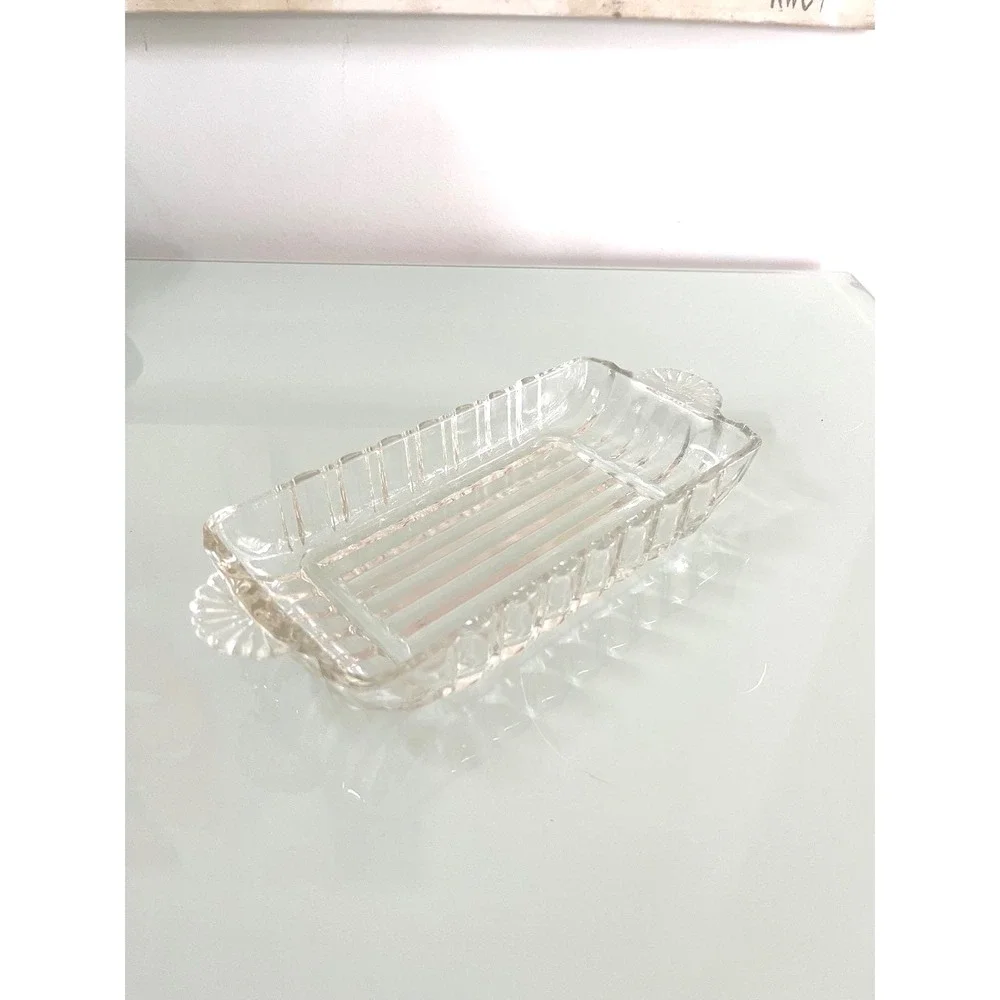 1950s Anchor Hocking Glass Clear Relish Trinkets Dish Vanity Handle Ridge‎